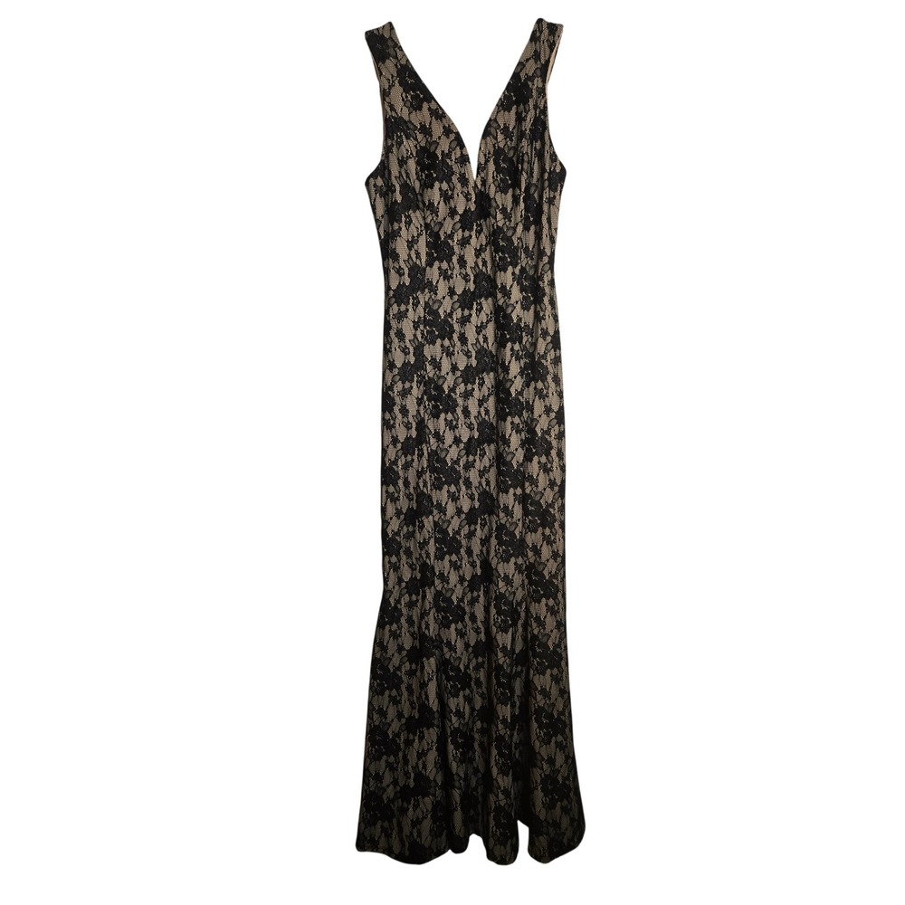 Bailey Blue Black Lace Overlay V-Neck Sleeveless Maxi Dress Nude Lining Medium